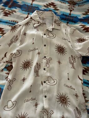 Cream Button-Down Shirt with Brown Desert Motif